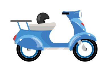 Mavi scooter yarı düz renk vektör nesnesi. Tam boy beyaz. Motorize seyahat için şık bir motosiklet grafik tasarım ve animasyon için izole edilmiş modern çizgi film stili çizimi