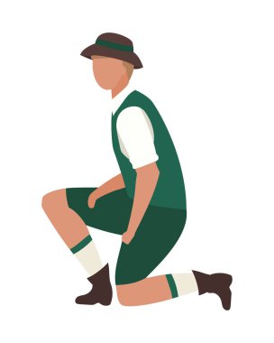 Bavyeralı bir adam dizinin üstünde duruyor. Yarı düz renk vektör karakteri. Beyazın üzerinde tam vücut insan. Orijinal kostüm giymek grafik tasarım ve animasyon için izole edilmiş modern karikatür tarzı çizim