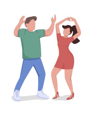 Yarı düz renk vektör karakterlerle dans eden arkadaşlar. Poz figürleri. Beyazın üstüne tüm vücudu olan insanlar. Grafik tasarım ve animasyon için tüm gece izole edilmiş modern karikatür stili çizimi