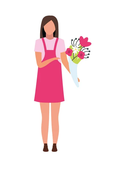Young Woman Flower Bouquet Semi Flat Color Vector Character Full — Stock Vector