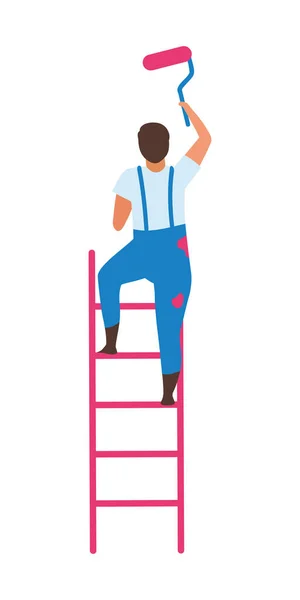 Man Staand Ladder Met Verfroller Met Semi Vlakke Kleur Vector — Stockvector
