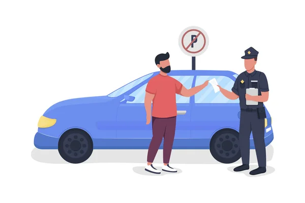 Policeman Giving Parking Fine Semi Flat Color Vector Characters Full — Stock Vector