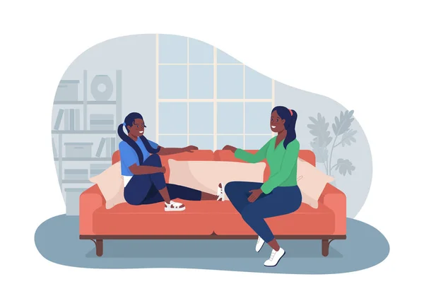 青少年与妈妈交谈2D向量孤立的例证 在家里休息 女儿在卡通片背景上与母亲平平对话 女孩和父母坐在色彩斑斓的沙发上 — 图库矢量图片