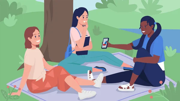 ピクニックフラットカラーベクトルイラスト上の友人 学生たちは春に屋外でぶらついている 十代の若者は外で楽しんでいる 幸せな十代の女の子の2D漫画のキャラクターを背景に風景 — ストックベクタ