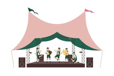 Açık hava Oktoberfest konser düz konsept vektör çizimi. Dansçı müzisyenler, web tasarımı için beyaz üzerine 2D çizgi film karakterlerini izole ettiler. Geleneksel Bavyera müziği yaratıcı fikir çalıyor