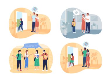 Salgının okula dönüşünden sonra 2D vektör izole çizim seti. Ebeveynler ve çizgi filmdeki düz karakterler. Okul koridorundaki onluk öğrenciler renkli sahne paketi