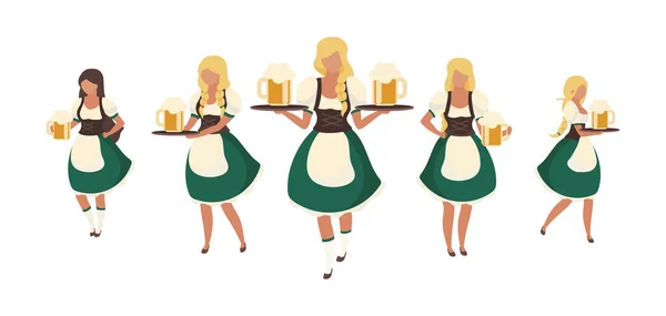 十月节的啤酒女佣半扁平的颜色矢量字符 全身白皙的人德国女孩身着迪尔内将现代卡通画风格的插图与平面设计和动画相隔离 — 图库矢量图片