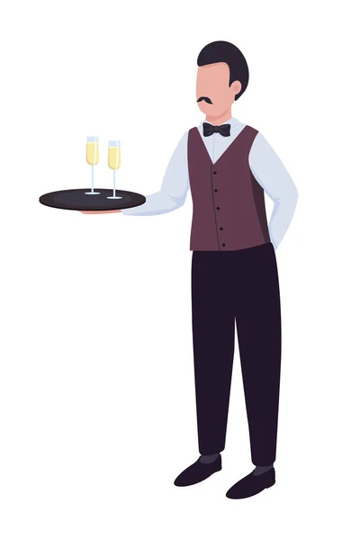 Waiter Sparkling Wine Tray Semi Flat Color Vector Character Full — Stock Vector