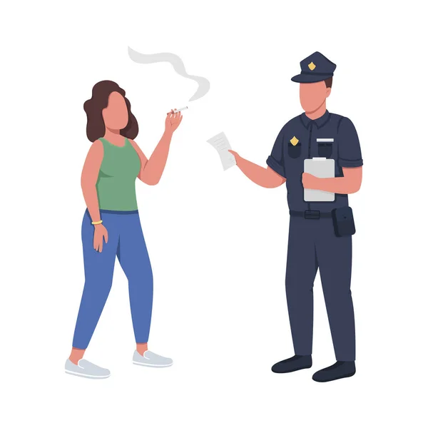 Policía Dando Multa Por Fumar Caracteres Vectoriales Color Semi Plana — Vector de stock