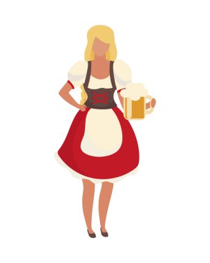Dirndl yarı düz renk vektör karakter giyen biracı kız. Poz figürü. Beyazın üzerinde tam vücut insan. Oktoberfest garsonu grafik tasarım ve animasyon için modern çizgi film stili çizimlerini izole etti