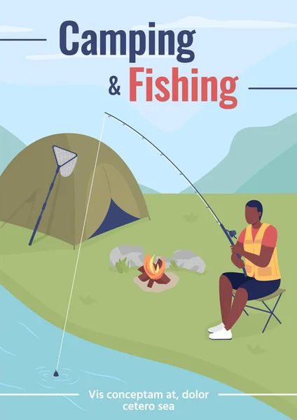 Camping Poster Pesca Modelo Vetorial Plana Viagem Fim Semana Para — Vetor de Stock