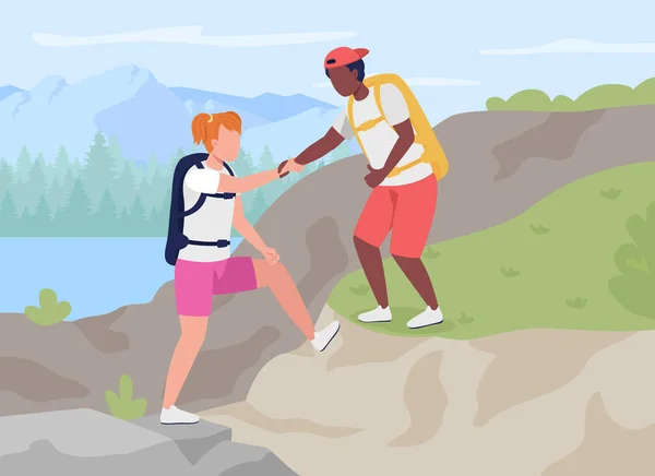 カップル登山フラットカラーベクトルイラスト トレッキングの冒険 旅行中の観光客 ボーイフレンドヘルプガールフレンドオンアクティブレクリエーション2D漫画のキャラクターと風景上の背景 — ストックベクタ
