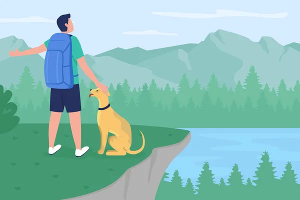犬のフラットカラーベクトルイラスト付きバックパッカー 山の頂上からの眺めを楽しむハイカー 荒野の冒険 背景に風景とペット2D漫画のキャラクターを持つ男性のキャンパー — ストックベクタ
