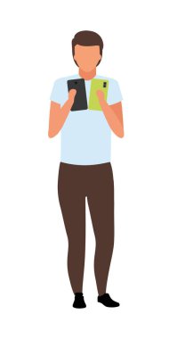 Yeni akıllı telefon yarı düz renk vektör karakteri seçen adam. Beyazın üzerinde tam vücut insan. Elektronik mağazasını ziyaret edin grafik tasarım ve animasyon için izole edilmiş modern çizgi film stili çizimi