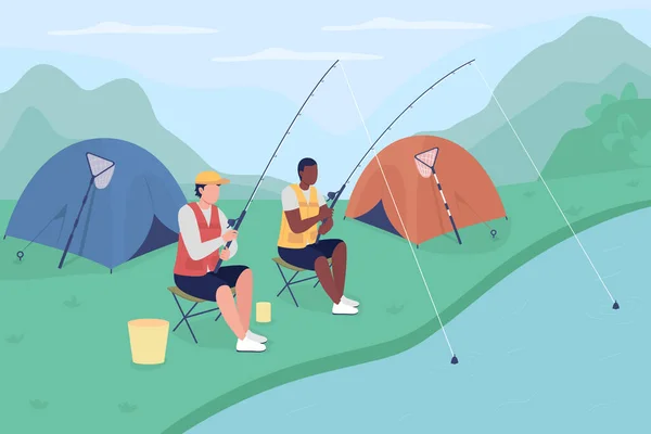 男性観光客釣りフラットカラーベクトルイラスト 週末はキャンパー 荒野でリラックス 自然の中でのレクリエーション 背景に風景と荒野の2D漫画のキャラクターでキャンプ男性 — ストックベクタ