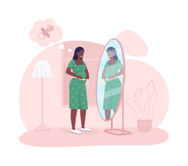 Anne, bebek 2D vektör izole resimleme bekliyor. Mirrior 'a bakan hamile bir kadın. Bebek göbeğini ölçen kadın. Çizgi film arka planında genç, müstakbel ebeveyn. Hamilelik renkli sahne