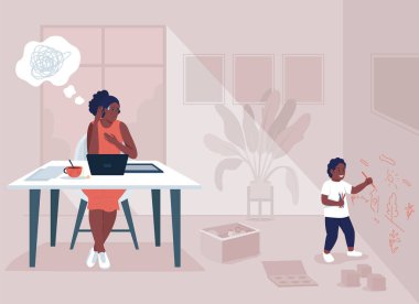 Çalışan anne stresi düz renk vektör çizimi. İş hayatı dengesi. Uzaktan kumanda sorunu. Bekar anne sorunları. Aile 2D karikatür karakterleri arka planda ev içi