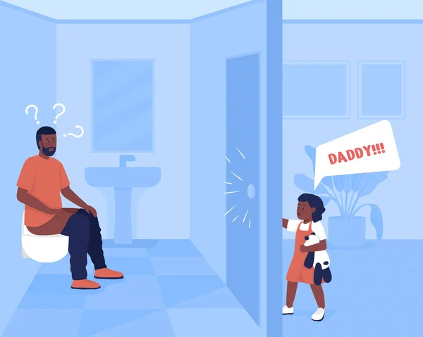 每天家长强调平面彩色矢量插图 父亲在浴室里 而幼儿需要注意 小女孩喊着爸爸 背景为家庭内部的2D卡通人物 — 图库矢量图片
