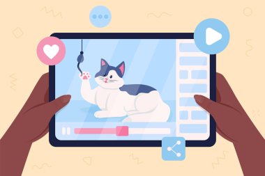 Kedi videosu düz renk vektör çizimi. Sosyal medyada yayılan virüs içeriği. Evcil hayvan videosu. Eğlence medyasını izliyordum. Tablet ekranda sevimli hayvan 2D çizgi film karakteri