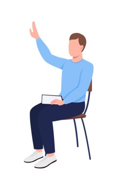 Öğrenci kolu yarı düz renk vektör karakteri. Oturan bir figür. Beyazın üzerinde tam vücut insan. Seminer görevlisi grafik tasarım ve animasyon için modern çizgi film stili çizimini izole etti