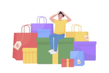 Alışveriş çılgınlığı düz konsept vektör çizimi. Tüketim ve perakendecilik. Alışveriş koliği, mağaza poşetleriyle çevrili. Web tasarımı için beyaz üzerine 2D çizgi film karakteri izole edilmiş. Mevsimlik satış yaratıcı fikir