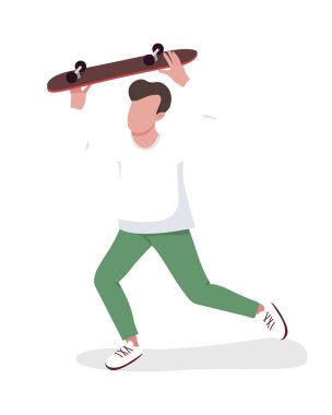 Paten yarı düz renk vektör karakteri. Koşan kişi. Beyazın üzerinde tam vücut insan. Kaykay tutan adam. Hobi etkinliği grafik tasarım ve animasyon için modern çizgi film stili illüstrasyonunu izole etti