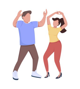 Dans eden çift yarı düz renk vektör karakterler. Taşıyıcı figürler. Beyazın üstüne tüm vücudu olan insanlar. İnsanlar, grafik tasarım ve animasyon için izole edilmiş modern çizgi film stili illüstrasyonunu kulüpler.