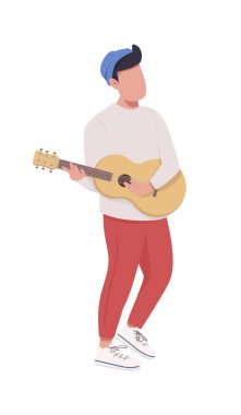 Erkek gitarist yarı düz renk vektör karakteri. Ayakta duran figür. Beyazın üzerinde tam vücut insan. Müzik, grafik tasarım ve animasyon için izole edilmiş modern karikatür stili çizimi