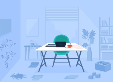 Çalışan ana oda düz renk vektör çizimi. Uzaktan çalışan ebeveynler için dağınık bir yer. Masalı ve çocuksu çizimleriyle dolu bir ev. Arka planda mobilyalar olan 2D ev yapımı karikatür.