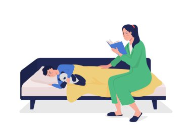 Annem çocuk için yarı düz renk vektör karakterleri okudu. Oturan figürler. Beyazın üstüne tüm vücudu olan insanlar. Aile üyeleri grafik tasarım ve animasyon için modern çizgi film stili çizimlerini izole ettiler