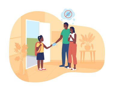 Okula geri dön. 2D vektör izole çizimi. Anne ve baba çocuk maskesi verir. Aile oğlunu çizgi film geçmişindeki düz karakterlere gönderiyor. Güvenli eğitim renkli sahne