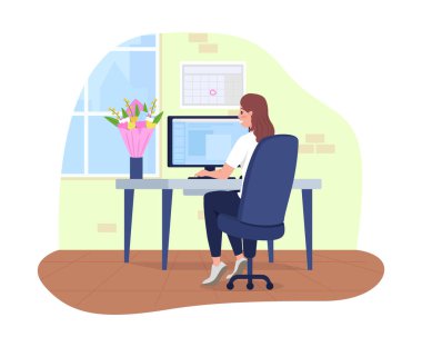 Yetenekli bir buket 2D vektör çizimi olan bir ofis çalışanı. Kadın çalışan çiçek almış. Çizgi film arka planında bilgisayar masasında oturan bir kadın. Çalışma alanı renkli sahne