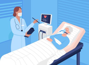 Hastanenin düz renk vektör çiziminde iyileşme. Yaşlılar için yoğun bakım. Hastalık için klinik tedavi. Doktor, arka planda 2D hasta çizgi film karakterlerini denetliyor