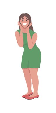 Mutlu kadın yarı düz renk vektör karakteri. Şaşırtıcı bir ifade. Poz figürü. Beyazın üzerinde tam vücut insan. Heyecanlı kız grafik tasarım ve animasyon için modern karikatür stili çizimini izole etti