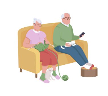 Büyükbabalar yarı düz renk vektör karakterler. Oturan figürler. Beyazın üstüne tüm vücudu olan insanlar. Boş zaman aktivitesi grafik tasarım ve animasyon için modern çizgi film stili illüstrasyonunu izole etti