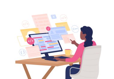 Yazılım geliştirici yarı düz renk vektör karakteri. Oturan bir figür. Beyazın üstündeki kişi. İşteki programcı grafik tasarım ve animasyon için modern çizgi film stili çizimini izole etti