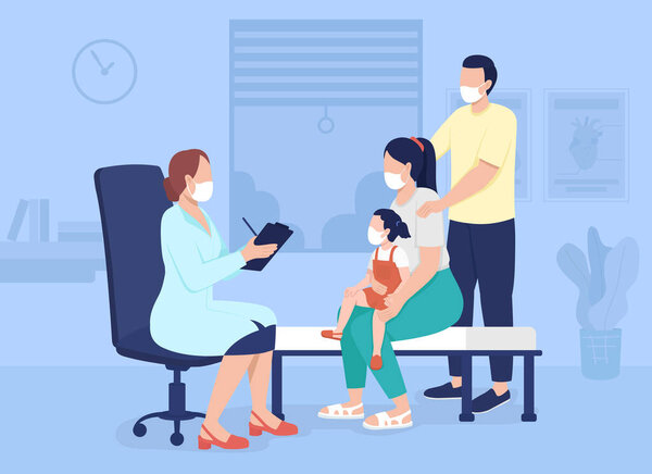 Family visit to doctor flat color vector illustration. Professional medical consultation in hospital. Parents with child meeting physician 2D cartoon characters with interior on background