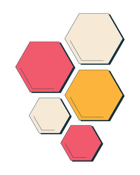 Hexagonal wall decor tiles 2D cartoon object. Geometric eclectic interior. Hexagon shapes panels. Room styling. Trendy decoration isolated element flat vector clip art on white. Spot illustration