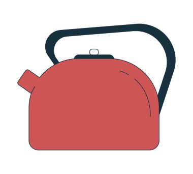 Modern siyah saplı, 2D karikatür nesneli kırmızı çaydanlık. Mutfak aleti. Soba ısıtıcısı. Ev aletleri. Kaynayan su ısıtıcısı, izole bir element olan düz vektör klipsleme sanatını beyaza yansıtıyor. Benek illüstrasyonu