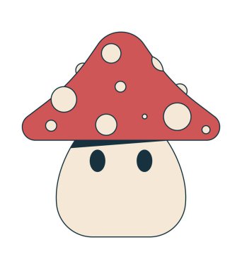 Sevimli mantar karakteri 2D çizgi film nesnesi. Kawaii tarzı mantar mantarı mantarı. Puantiyeli şapkası ve oyuncu gözleri var. Fantezi maskotu, beyaz üzerine izole edilmiş element düz vektör klipsi sanatı. Benek illüstrasyonu