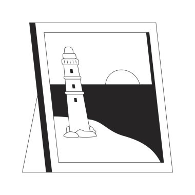 Çerçevelenmiş deniz feneri fotoğrafı ve deniz kenarında gün batımı 2D çizgi nesnesi. Okyanus fotoframının üzerinde batan güneşli kumlu sahilde bir fener izole edilmiş klip vektör mürekkebi ana hatları öğesi. Tek renkli nokta illüstrasyonu