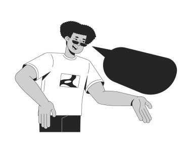 Siyah konuşma balonu 2D çizgi karakteri ile konuşan şık Latin adam. Güneş gözlüklü sıradan İspanyol bir adam. Diyalog kutusu ve izole edilmiş vektör mürekkebi olan biri. Monokromatik nokta çizimi