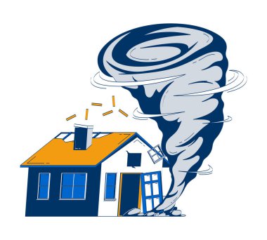 Kasırga ev karalamalarını yok ediyor. Evde ciddi hasar var. Kasırga, beyaz üzerine izole edilmiş 2D düz nesneyi vuruyor. Elle çizilmiş karalama renkli