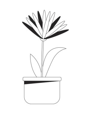 Sapından çiçek açan saksı çiçekleri ve 2B çizgi nesnesi bırakıyor. Saksı. Ev dekoru. Kapalı alanda çiçekçilik. Tencerede taze çiçek, izole edilmiş klipart vektör mürekkep ana hatları öğesi. Tek renkli nokta illüstrasyonu