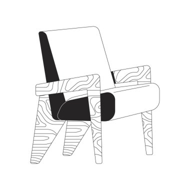 Orta-yüzyıl modern koltuk 2D çizgi nesnesi. Retro mobilyalar. Tahta gövdeli oturma odası ve yumuşak döşeme izole edilmiş klitoris vektör ana hatlı kalem. Tek renkli nokta illüstrasyonu