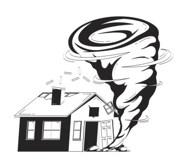 Kasırga ev karalamalarını yok ediyor. Evde ciddi hasar var. Kasırga, beyaz üzerine izole edilmiş 2D hat mürekkep objesini vuruyor. Tek renkli vektör ana hatları elle çizilmiş
