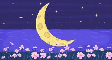Çiçek tarlasında hilal ay ve gece düz resimli gölde. Gökyüzünde yıldızlar, çiçek açan 2D karikatür arkaplanının olduğu tuhaf gece manzarası. Renkli sahne vektör sanat resmi