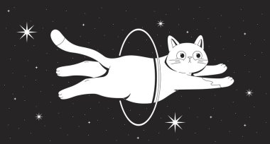 Beyaz kedi hula çemberinden atlayarak uzay lofi çizimine giriyor. Bilim kurgu 2D portalından atlayan tuhaf göksel kedi. Doğrusal düz çizim çizimi. Vektör çizgisi sanat estetik duvar kağıdı