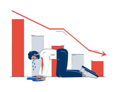 Beklenmedik finansal kayıp çizimi konsepti. Satışlar düşüyor. Piyasa çöktü. Ağlayan iş adamı, beyaz üzerine izole edilmiş çizgi film 2D karakteri dışında. El çizimi vektör benzetmesi