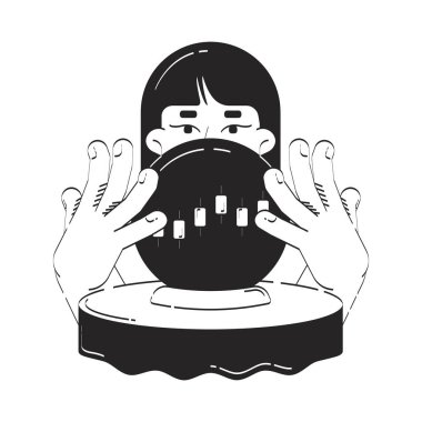 Kristal küre karalama çizgisi illüstrasyonuyla ilgili mali tahminler. Hisse senedi alım-satımı öngörüsü. Falcı analizi küresi 2D ana hat karakteri izole edildi. El çizimi metafor monokrom